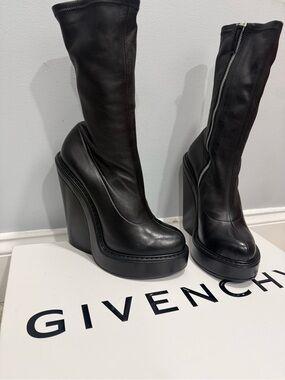 Givenchy Black Leather High Wedge Zip Boots